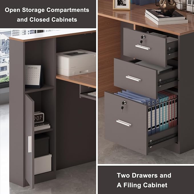 L-Shaped Reception Desk,Large Front Desk with Keyboard Tray, Lockable Drawers & File Cabinet, Receptionist Desk for Checkout,Lobby (Left L-Walnut/Slate Gray, 71''L x 23.6''W x 41.3''H)