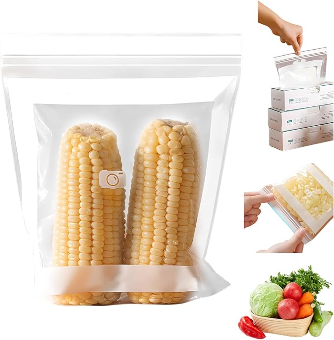 Kitchen Food Grade Fresh Keeping Bags, Reusable Sealed Bags for Vegetables & Fruits, Clear Plastic Storage Bag for Refrigerator, Dual Interlocking Seal (M, 25counts)