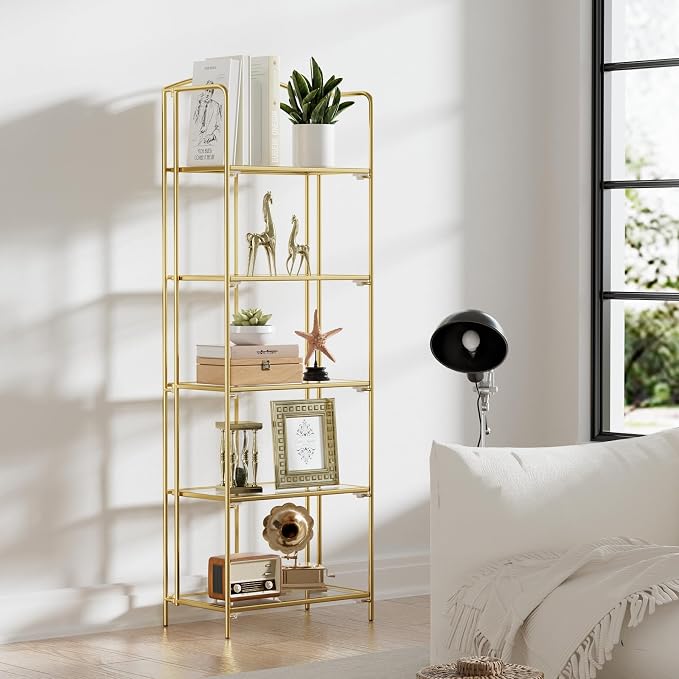 Crofy 5-Tier Foldable Bookshelf, Gold Frame & Transparent Shelves | No-Assembly Collapsible Portable Storage Organizer; Sturdy Transparent Shelves; Ideal for Living Room & Home Office