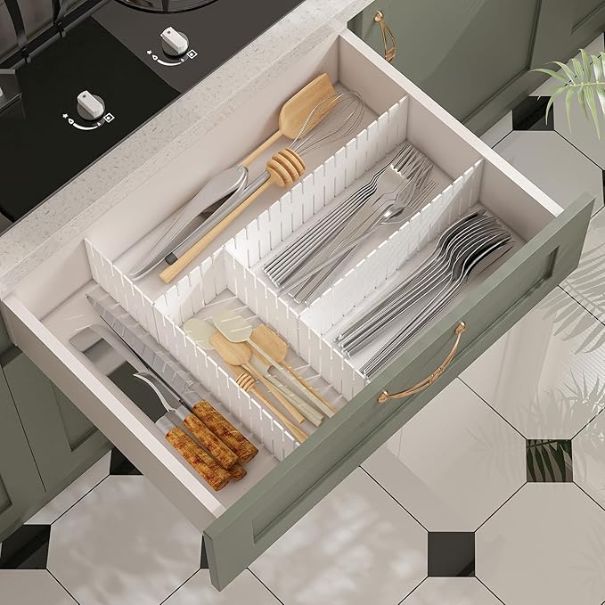 Adjustable Drawer Dividers Organizer for Kitchen, Bedroom, Dresser, Socks, Underwear, Makeup Storage, White (8)