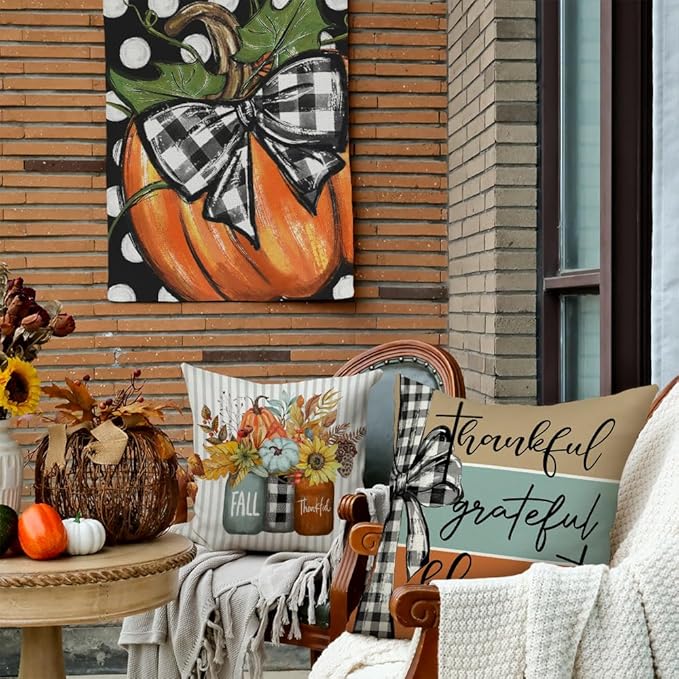 GEEORY Fall Pumpkin Sunflowers Pillow Covers 20x20 Inch Set of 4, Mason Jars Sweet Home Buffalo Plaid Bowknot Autumn Thanksgiving Decorative Throw Pillows Farmhouse Decoration for Sofa Aqua