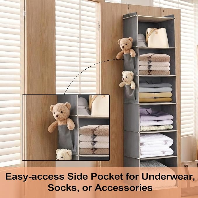 6 Tier Shelf Hanging Closet Organizer, Closet Hanging Shelf with 2 Sturdy Hooks,1 Sock Bag and 5 White Garment Bags, for Clothes, Shoes, Hats, Dorms and RVs, Foldable (Grey)