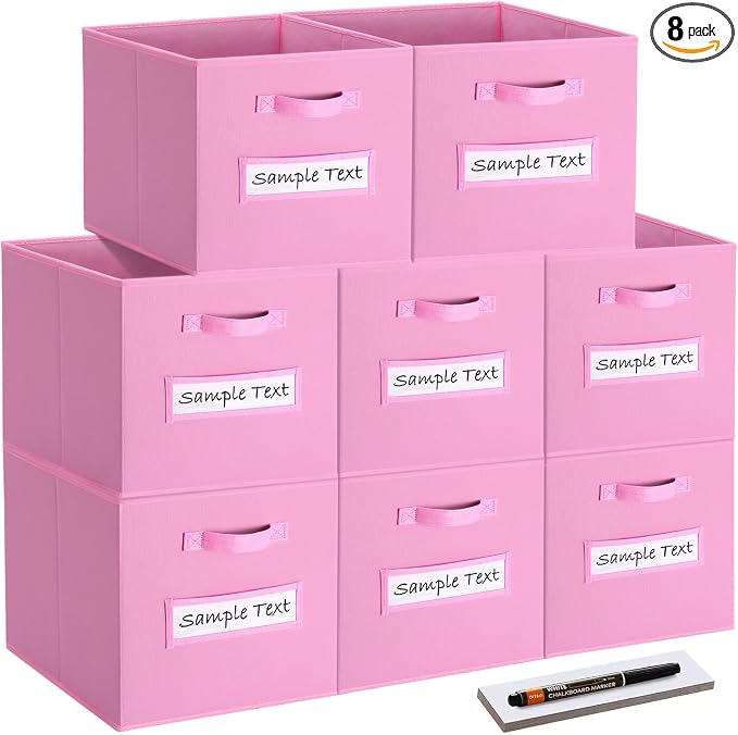 Fabric storage cubes (8 Pack) 11 Inch Cube Storage Bin, cube organizer bins with 8 Labels Window Cards & a Pen, Foldable cube organizer bins and Storage Box, Light Pink