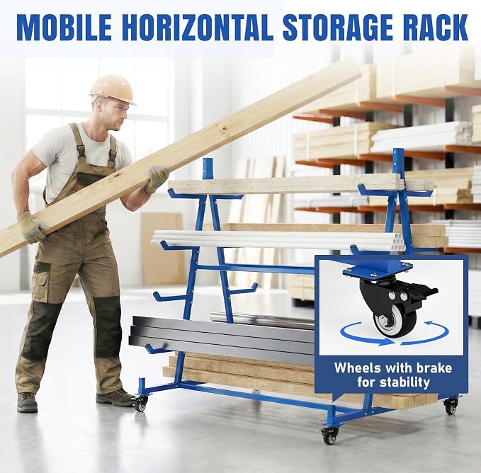 tonchean Lumber Storage Rack with Wheels, 55.9" D x 46.2" W x 54.3" H | Heavy duty mobile conduit pipe stand, 5 tier, can holds up to 1000lbs