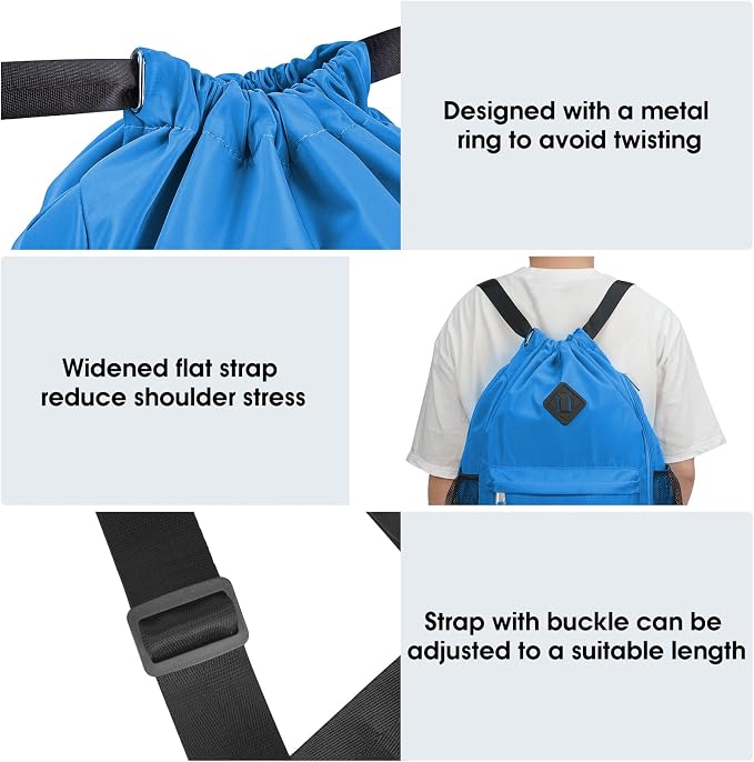 WANDF Drawstring Backpack with Shoe Compartment, Sports Gym Bag | Multi-Pocket Storage, Water-Resistant Fabric, Cinch String Bag