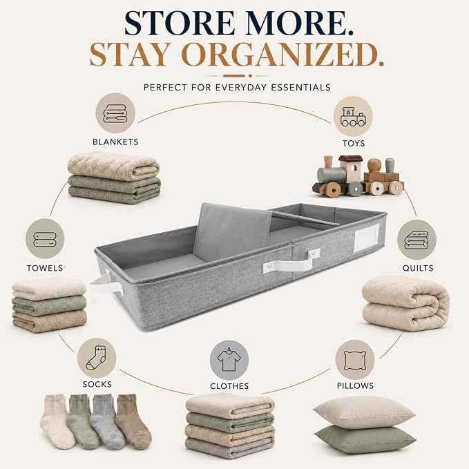 HOMELUX THEORY 2pc Low Profile Under Bed Storage Containers, Thin Under Couch Storage Organizer with Bins & Lids, Underbed Storage Box Ideal for Seasonal Clothes, Blankets, Fabric & Shoes (LightGray)