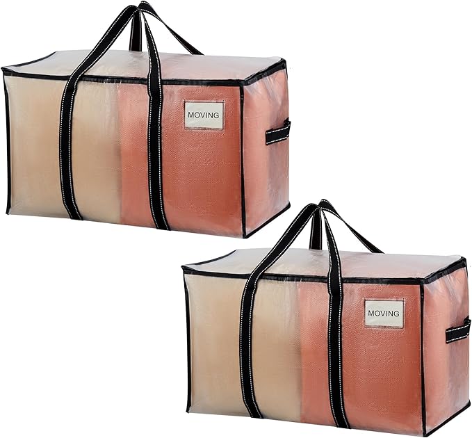 VENO 2 Pack Clear Moving Bags, 90L Extra Large Transparent Storage Totes, Heavy Duty 50lbs Load, Reinforced Handles, Zippers & Tag, See-Through Packing Boxes for Organizing Closet, Bedding, Clothes