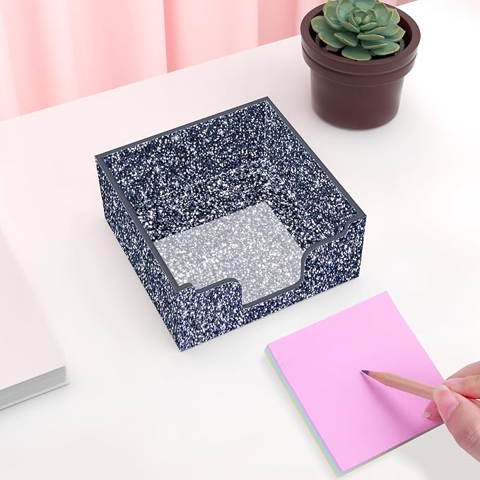Rouidr Acrylic Sticky Note Holder, Self Stick Note Pad Holder, Dark Gray | 3.94 x 3.94 Inch Glitter Memo Pad Dispenser Organizer for School Office Home Desk Supplies