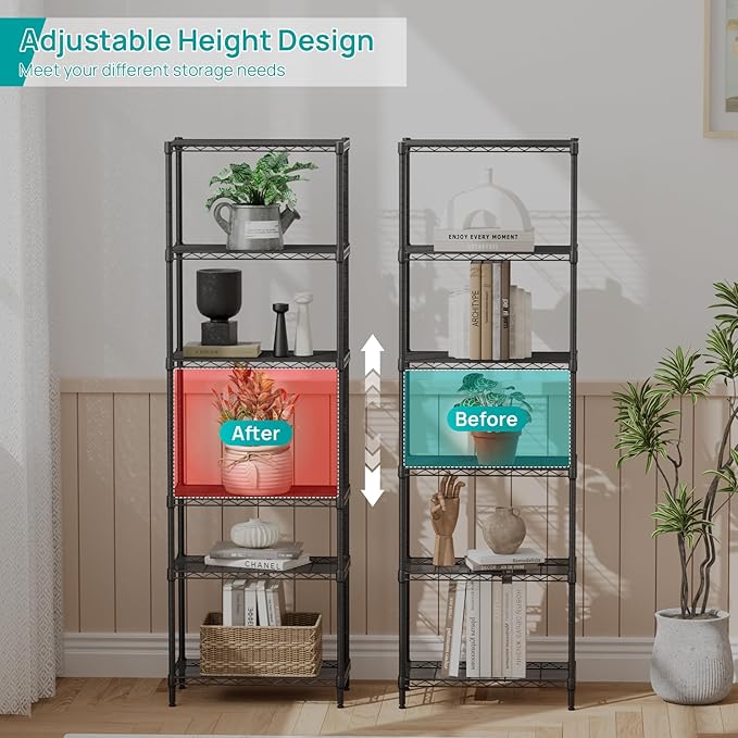 SINGAYE 6 Metal Shelves Wire Shelving Storage Shelf Adjustable Unit Pantry | 6 Tier Kitchen Laundry Room Organization Home Pantry Closet Bathroom Organizers Garage Rack 12" D x 22" W x 69.5" H Black