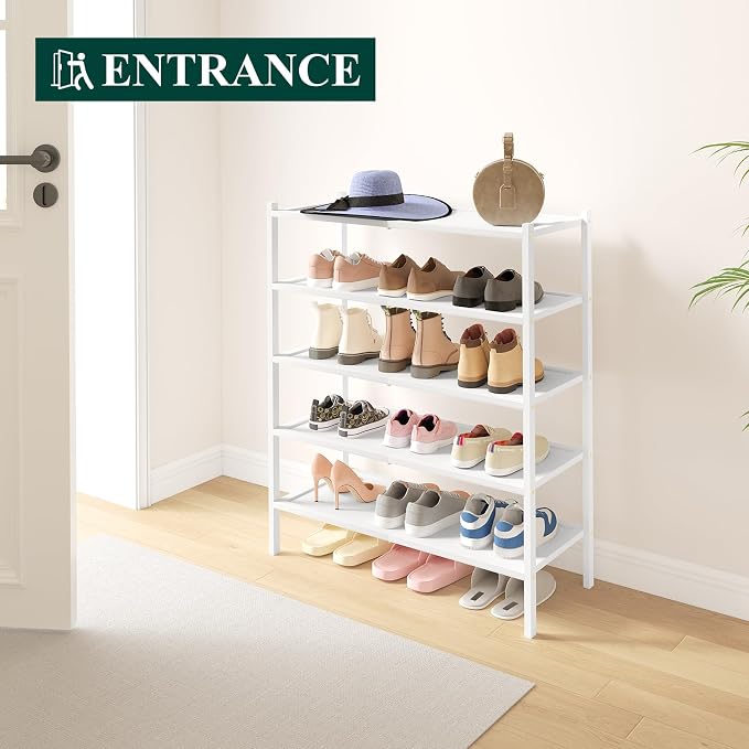 Smiry Bamboo Shoe Rack, 5 Tier Shoe Organizer for Entryway & Closet, Stackable Free Standing Storage Shelf for Shoes, Bags & Plants, White