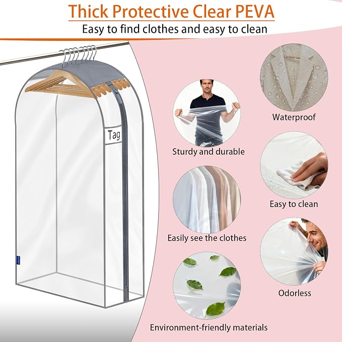 Clear Garment Bags for Hanging Clothes 10" Side Gusset, Suit Bags for Closet Storage, Suit Cover for Shirts Coats Dresses (24"X42"X10" 5Pack)