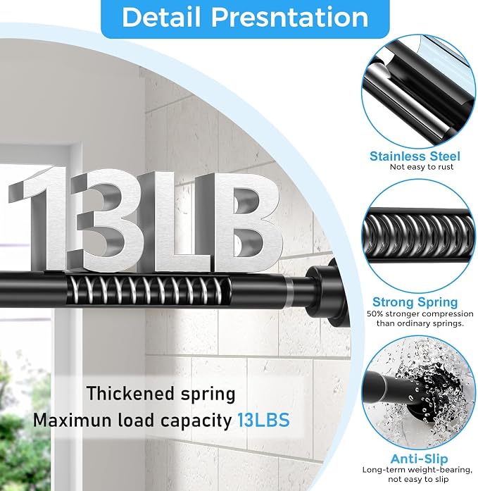 Shower Curtain Rod 31-49 Inch,7/8"Diameter Adjustable Spring Tension Curtain Rods No Drill,Matte Black Shower Tension Rod for Bathroom,Room Divider,Window,Anti-Rust Non-Slip 2-Pack