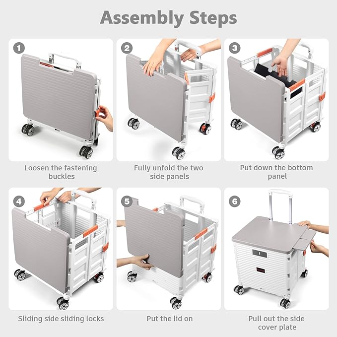Foldable Utility Cart Folding Portable Rolling Crate with Magnetic Extended Lid,360°Rotate Wheels,176LBS Load Capacity,Heavy Duty Durable Dolly Cart for Teacher Tourist Shopping Office Outdoor(White)