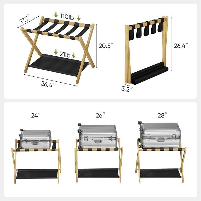 Smart FENDEE 2 Pack Luggage Rack, Folding Luggage Rack for Guest Room, Bamboo Suitcase Stand Holds up to 131 lb, Luggage Stand with Storage Shelf for Hotel, Bedroom