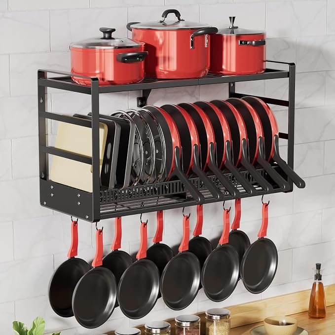 31 Inch Pot Rack Wall Mounted, 2-Tier Pots and Pans Organizer with 20 Hooks & Pan Organizer and Spice Rack, Heavy Duty Hanging Pot Hanger for Kitchen (with Multi Slots & Pot Lid Holder)
