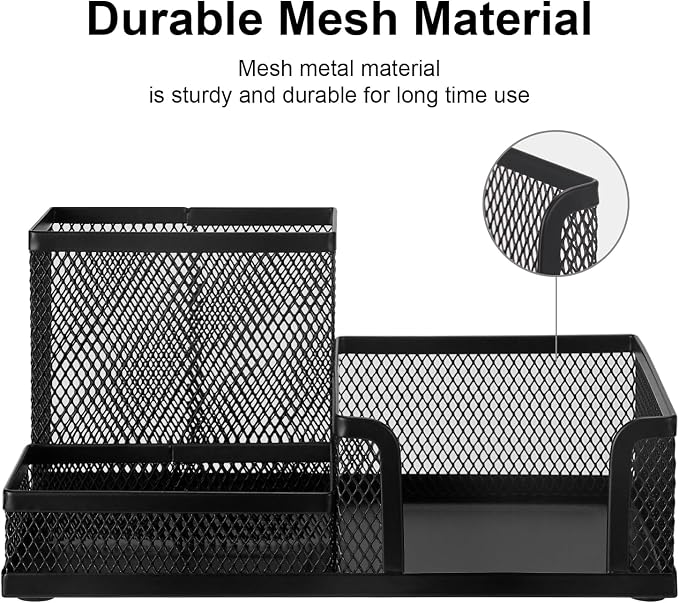 Comix Mesh Pen Pencil Holder Desk Organizer, 3 Compartment Wire Desktop Pen Pencil Cup Caddy Office Supplies Sticky Notes Holder for Home Office School, Black