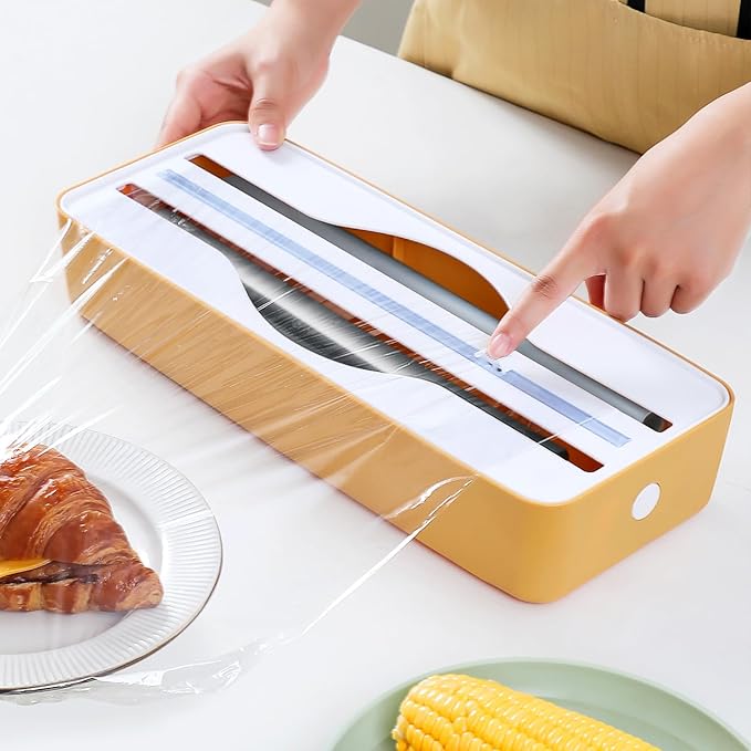 Dual-Slot Multifunctional Kitchen Cutter | For Cling Film, Aluminum Foil, and Parchment Paper Storage & Cutting | Easily Cut Two Materials at Once (Yellow(suckers))