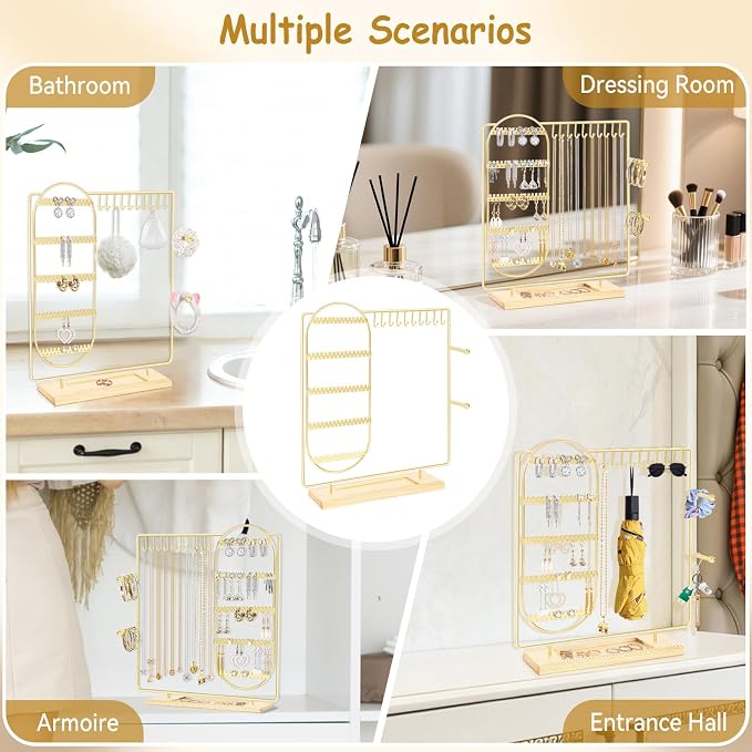 Jewelry Organizer Stand Jewelry Necklace Holder, 5-Tier Jewelry Organizers and Storage for Necklace Earring Bracelet Ring, Metal Jewelry Display Tree, Gifts Room Dorm Decor for Girls - Gold