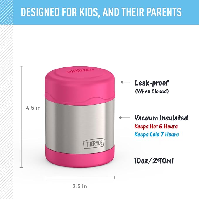 THERMOS FUNTAINER Kids Food Jar, 10oz, Pink | Kid-Friendly Stainless Steel Insulated Food Container, Keeps Food Hot or Cold Longer for School & Play, BPA Free