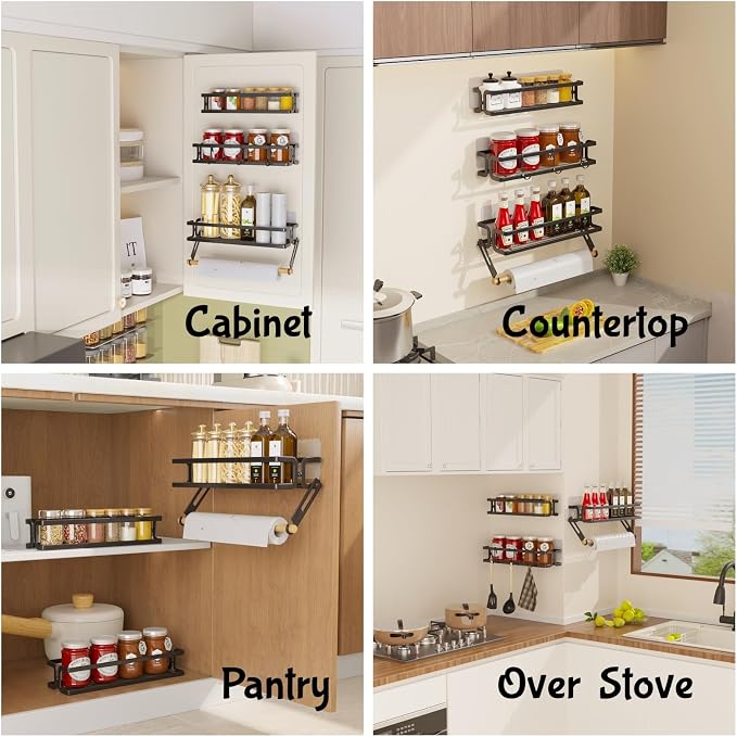 Spice Rack Wall Mount, Black, 3 Pack | Paper Towel Holder and Hooks, Screw or Adhesive Hanging, Space Saving, For Seasonings, Stove, RV, Cabinet