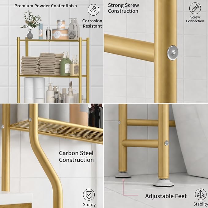 GloTika 3-Tier Over Toilet Storage with Anti-Tilt Safety System - 150lb Total Capacity Metal Bathroom Shelves Including Paper Holder & 4 Hooks, Space Saving Above Commode Organizer (64" H, Gold)