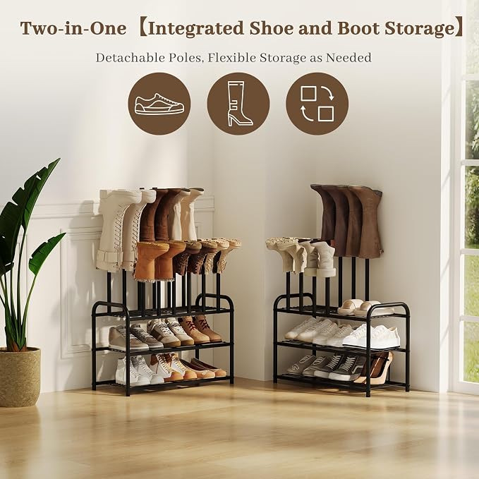 Kitsanery Shoe Rack - 3-Tier Metal Boot Rack Organizer for Entryway, Closet & Garage, Free Standing Shoe Shelf for Storage Tall Boots, Sneakers, Cowboy Boots, Black (Medium - 6 Pairs)