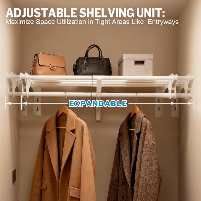 Steel Closet Shelf with Hanging Rod, 28-48'' Expandable Closet Shelves | Back Wall & Side Wall Mounted, Heavy Duty Storage Rack Holds 220 lbs, Adjustable DIY Closet Rod with Shelf Divider Separator