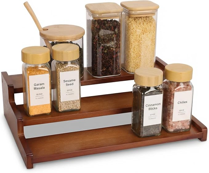 Spice Rack Organizer for Cabinet,Bamboo 12in Tiered Spice Rack，Used for Kitchen Countertops and Food Storage Room Organizer，Specially Designed for Jars and Spice Bottles (Walnut, M)