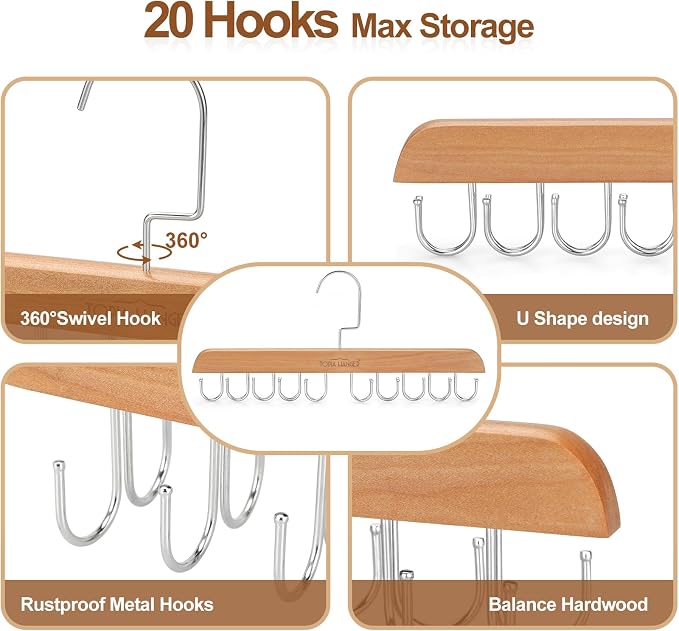 TOPIA HANGER Bra Hanger for Closet, Tank Top Hangers Space Saving Natural | 20 Foldable Hooks, 360°Rotating Hooks, Easy to Install, Durable Solid Wood, Space Saving Storage for Bras, Tank Tops, Belts
