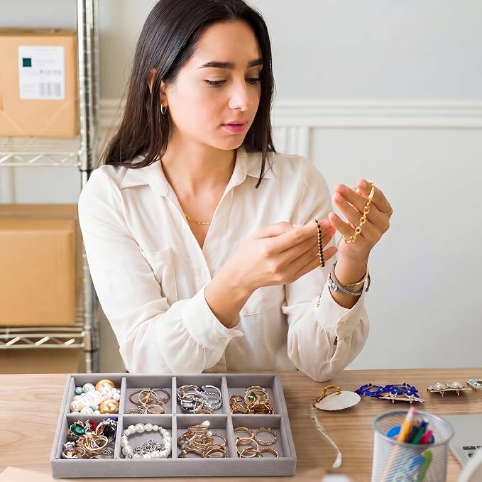 Tondiamo 16 Pcs Velvet Jewelry Drawer Organizer Trays Bulk 8.39 x 4.88 x 0.94 Inch Grey Stackable Jewelry Storage Inserts Set Tray Set with Removable Divider for Earrings Necklaces Bracelets