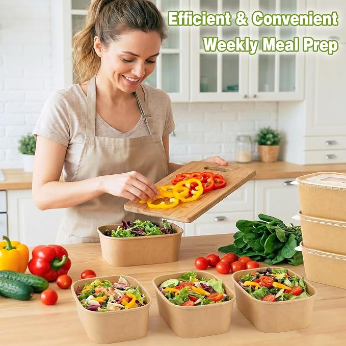 60 Packs 29oz Disposable Meal Prep Containers with Lids, Leak-Proof Microwave/Freezer Safe Food Prep Containers with Utensils & Labels, Sturdy Kraft Paper Bowls for Weekly Meal Prep, Lunch & Leftovers