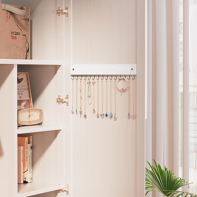 Lolalet Wooden Necklace Holder for Wall with 15 Hooks -2 Set, White | Wall Mount Jewelry Hangers for Necklaces, Chains, Bracelets and Earrings, Tangle-free, Easy to Install