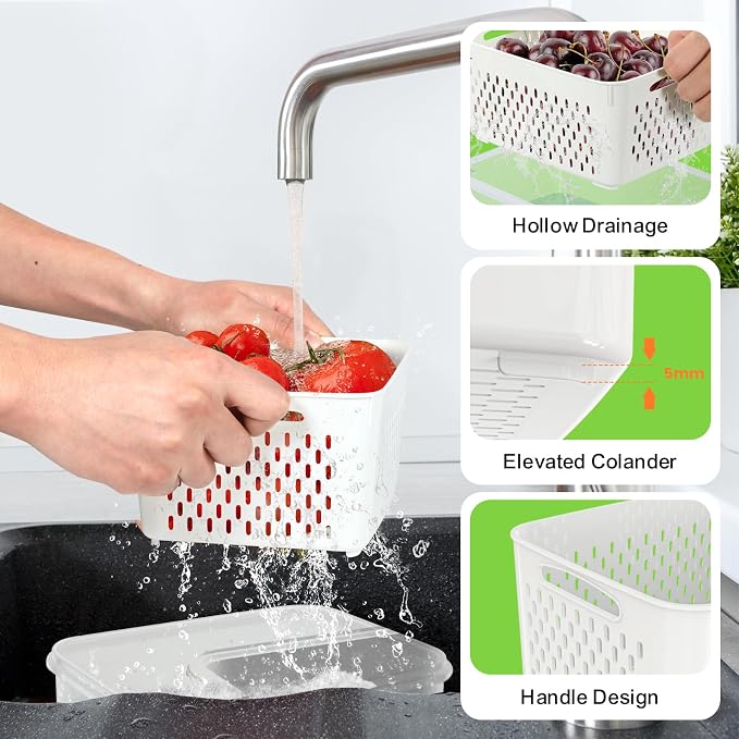 4Pack Fruit Storage Container for Fridge with Removable Colander and Vent | 8 Pieces BPA Free Kitchen Refrigerator Organizers Plastic Fruit Containers for Fridge for Fruit Berry Salad Lettuce