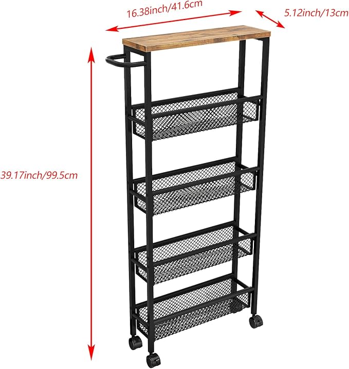 AZERPIAN Slim Rolling Cart 5 Tier Narrow Storage Cart on Wheels with Metal Handle for Kitchen Dining Living Home Laundry Room