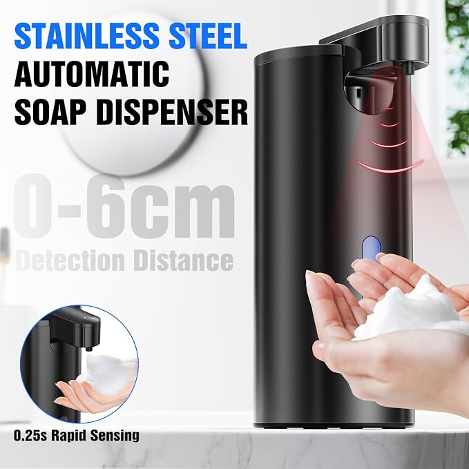 Fantictas Touchless Foaming Soap Dispenser, Stainless Steel Automatic Foam Soap Dispenser, USB-C Rechargeable Sensor Pump with 3 Adjustable Levels, 11.5 oz for Bathroom & Kitchen