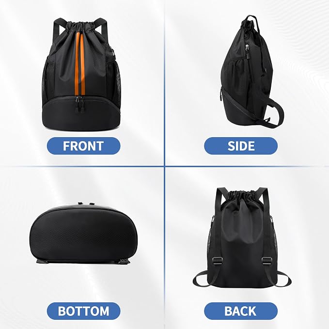 JELUTAR Drawstring Backpack Gym Bag with Shoes Pocket, Black Orange | Water-Resistant String Backpack for Soccer, Basketball, Swim, Beach Cinch for Women Men, 18 L Large Capacity, Wet Pocket