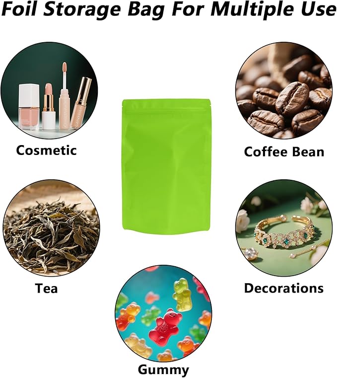 100PCS Smell Proof Resealable Pouch Bags,ULIFESTAR Aluminum Foil Flat Food Storage Bag,Sealable Pcsaging Zipper Pouches with Tear Notches for Pcsaging Lipgloss,Jewelry,etc(16*24cm/6.3*9.45",Green)