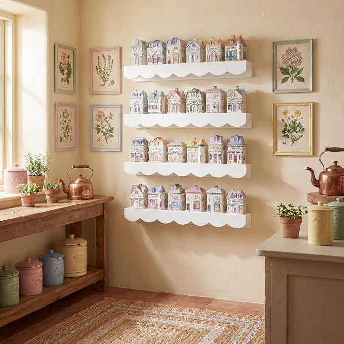Chunful 4 Tiers Spice Rack Wall Mounted Scalloped Display Country Wooden Spices Shelf for 24 Jars Kitchen Storage, Shelf Only, 15.75 x 4.72 x 1.97 Inches