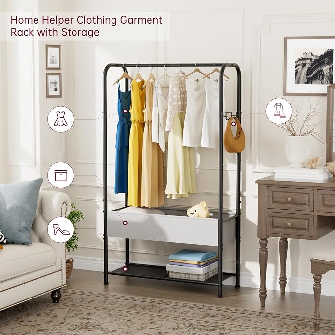 SINGAYE Wardrobe Standing Closet Clothing Rack With Shelf Hanging Clothes | Wardrobe Open Compact Small Metal Garment Hanger Stand Alone Free Standing Black Closet Rack Storage Organizer Heavy Duty