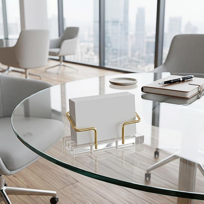 Desktop Business Card Holder, Clear Transparent Base with Gold Plated Metal Stand, Non-slip Business Cards Display Organizer for Office Reception Desk Workspace Clear