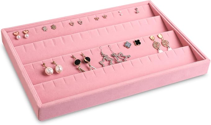 Frebeauty Jewelry Trays for Drawer,Set of 4 Jewelry Organizer and Storage | Velvet Material,Stackable,Adjustable Dividers,Drawer Inserts for Rings Studs Bracelet,Earring Organizer for Women Girls
