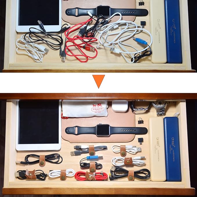 CAILLU Leather Cord Organizer,Cable Ties for Earbuds,Cord Keeper for Travel | Cable Organizer for Earbuds,Headphone Wrap,Button Snap Closure for USB Cord Holder,Desk,Pocket,Stocking Stuffers for Men Gift