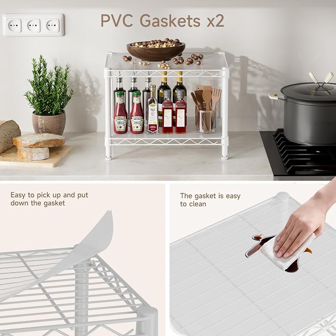 Golpart Small 2 Tier Shelves Storage Wire Shelving Unit Metal Shelf Gasket | 2 tier Shelving Adjustable Organizers Storage Shelving for Bathroom Laundry Room Kitchen Pantry 11.7”D x 17.7”W x 12”H White