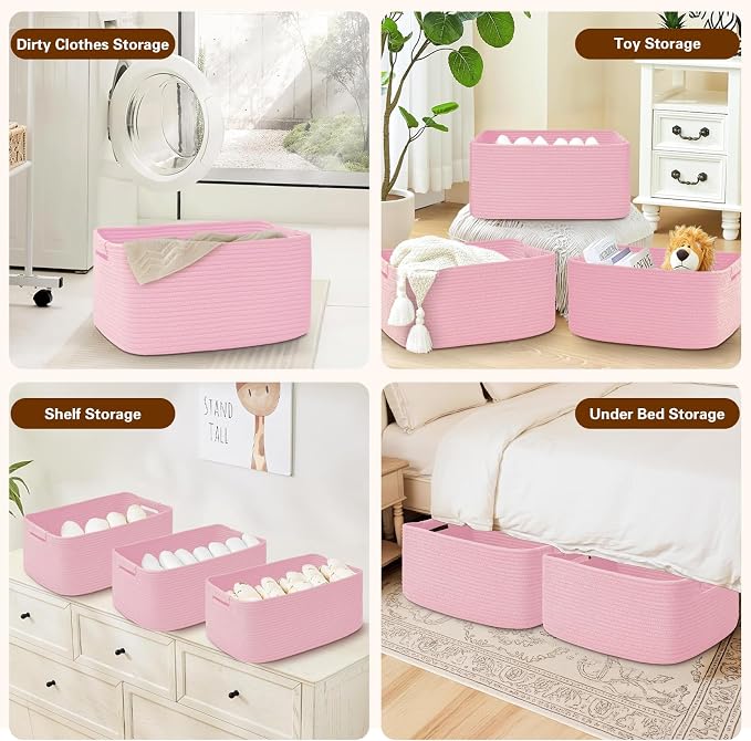 4 Pack Large Storage Basket for Organizing, 17.5"x13"x7" Woven Basket for Shelves, Closet Cube Storage Bins with Wrapped Handle, Cotton Rope Baskets for Kitchen, Clothes, Toys(Light Pink)