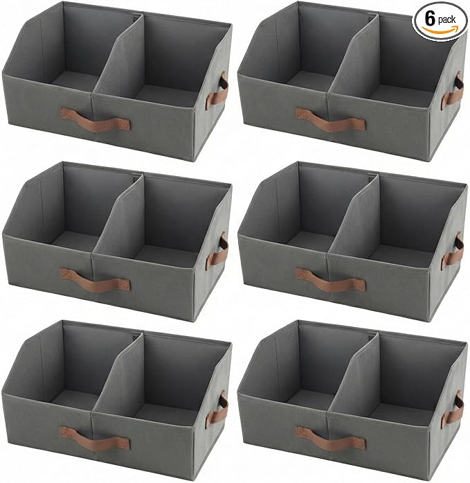 Closet Organizers And Storage - UPGRADED Trapezoid Storage Bin W/ Leather Handles & Adjustable Dividers, Fabric Collapsible Storage Bins For Clothes Storage & Shelf Organizer (6pcs, Small, Dark Gray)