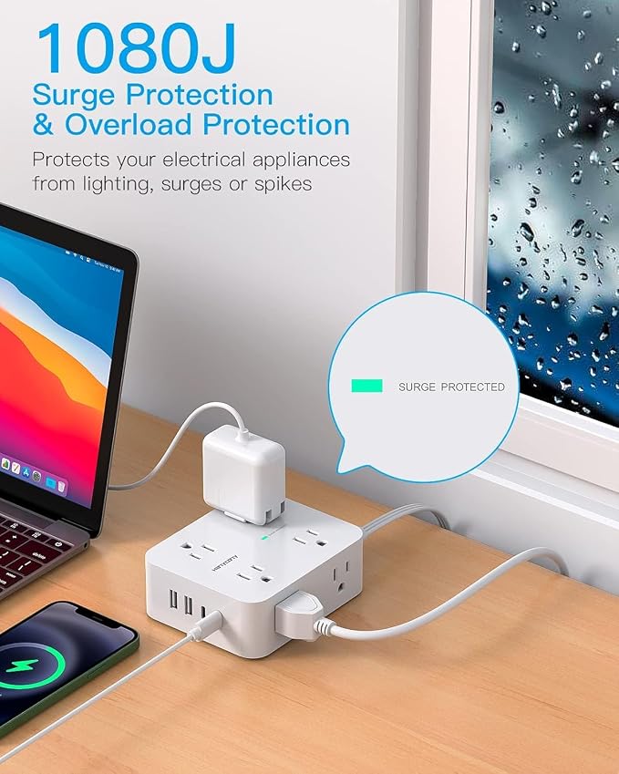 Surge Protector Power Strip, HANYCONY Extension Cord with Multiple Outlets, 5 Ft Ultra Thin Flat Plug 8 Outlets 4 USB Ports(2USB C), 1080J Outlet Extender for Home Office College Dorm Room Essentials | 5 Ft Ultra Thin Flat Plug 8 Outlets 4 USB Ports(2U...