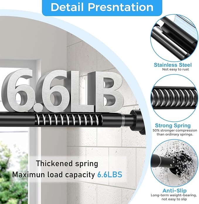 Shower Curtain Rod 31-76",Spring Tension Rod Adjustable No Drill | Spliced, Non-Slip Caps, Multi-Layer Anti-Rust Coating, Tool-Free, Fits Any Wall, for Bathroom, Window, Kitchen, Doorway,Black