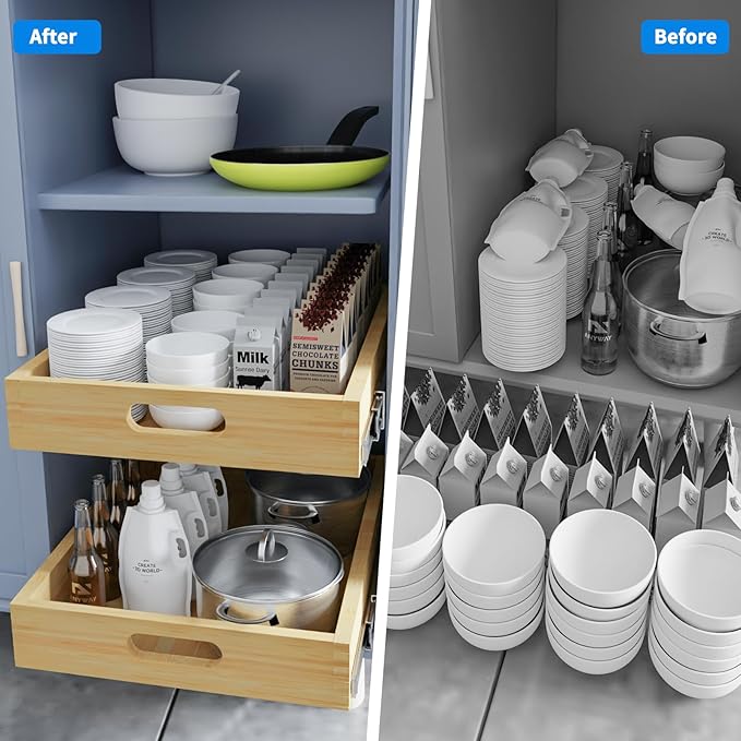 2 Set Pull Out Cabinet Organizer, Soft Close Slide Out Wood Drawer Storage Shelves for Kitchen, Base Cabinet Organization for Pantry, Finished, Heavy-Duty, Bottom Assembly (12” W x 21” D)