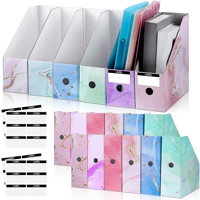 PerKoop 12 Pcs Decorative Magazine File Holders Floral Foldable File Folders Magazine Storage Boxes Rack Desk Organizer Documents with Printable Labels for School Office Home (Marble)