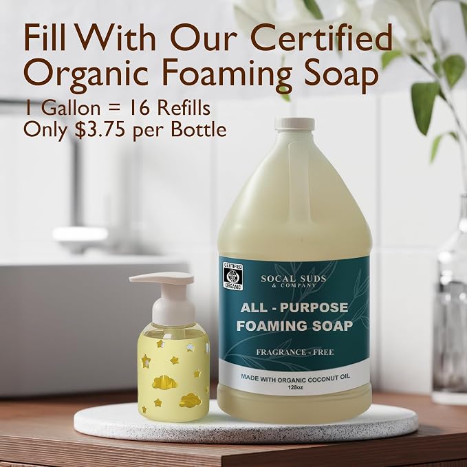 SoCal Suds & Company Foaming Hand Soap Dispenser Glass, Liquid Soap Pump with Cloud & Star Sleeve, Refillable Bottle for Kids, Baby Wash & Shampoo, Ideal for Bathroom & Kitchen Use, Light Yellow, 8oz